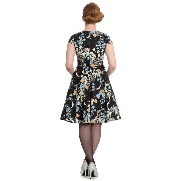 Small NWT Hell Bunny Moonlight Midnight Floral Bird Retro Whimsigoth Dress - Picture 2 of 4